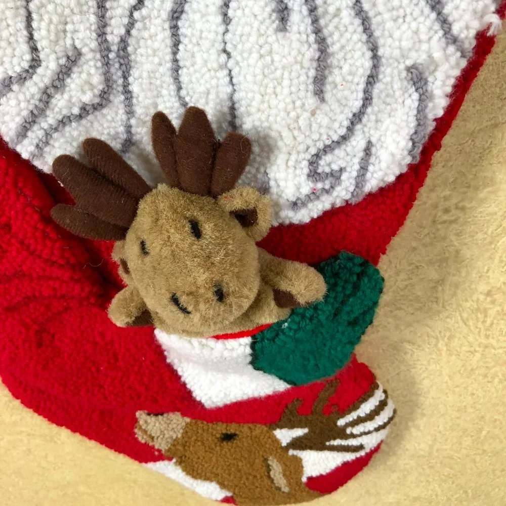Vintage 3D Santa Reindeer SUPER Plush Quilted Christmas Stocking 20